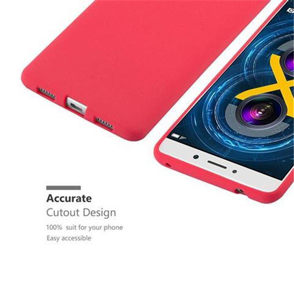 Custodia rossa con bordo bianco. Schermo del telefono con design a lente della fotocamera.
