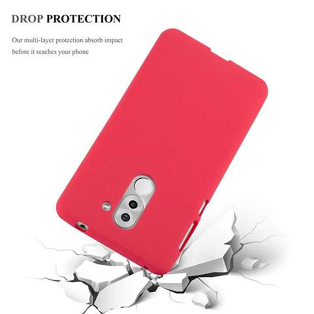 Custodia per telefono rossa con telefono all'interno, che cade su un terreno crepato. Il testo dice 'Drop Protection'.