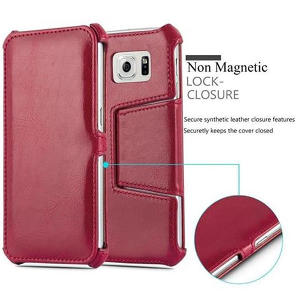 Custodia rossa, aperta. Telefono all'interno, con chiusura non magnetica. Il testo descrive la chiusura.