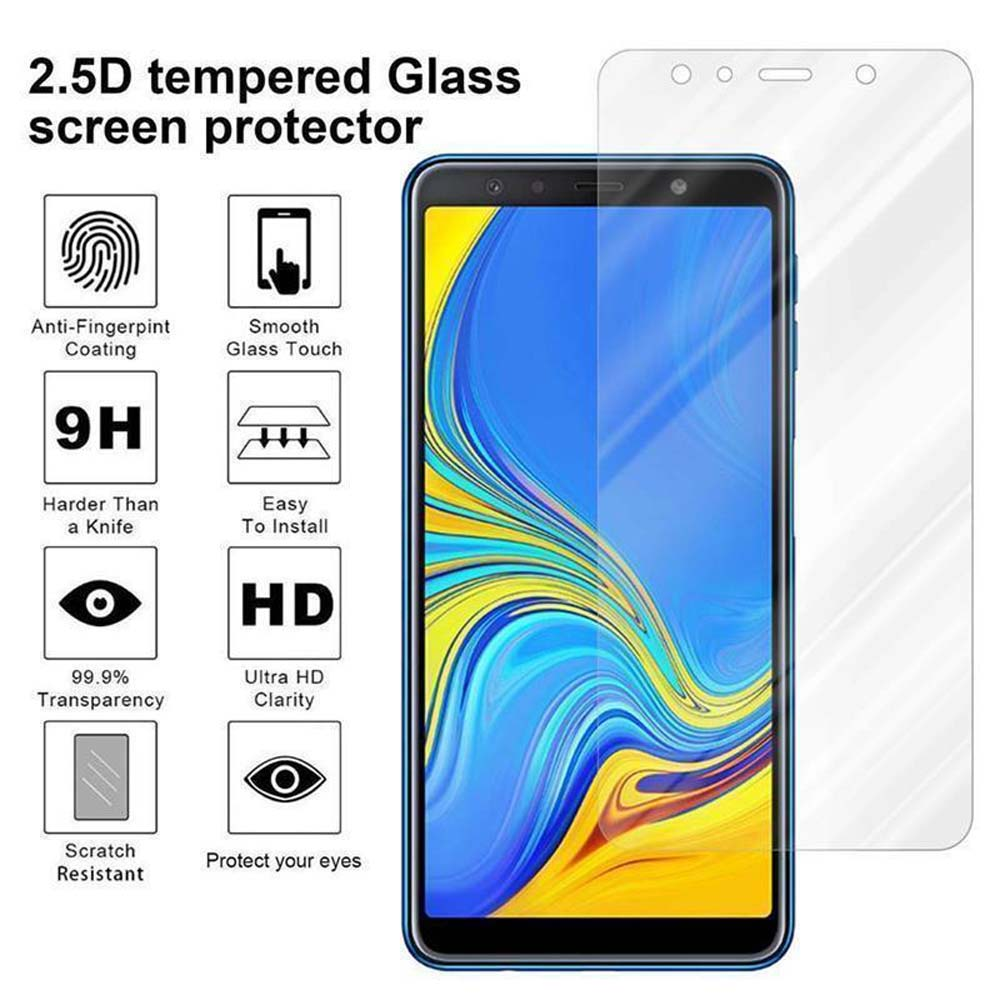 Schermo del telefono con protezione schermo. Le icone delle funzionalità e dei dettagli circondano il telefono. Testo: Vetro temperato 2.5D.