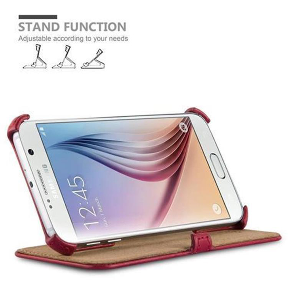 Telefono in custodia rossa in posizione di supporto.