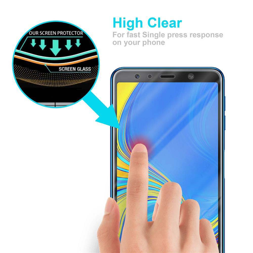 Una mano tocca lo schermo di un telefono. Il testo dice 'High Clear' e 'Screen Glass'.