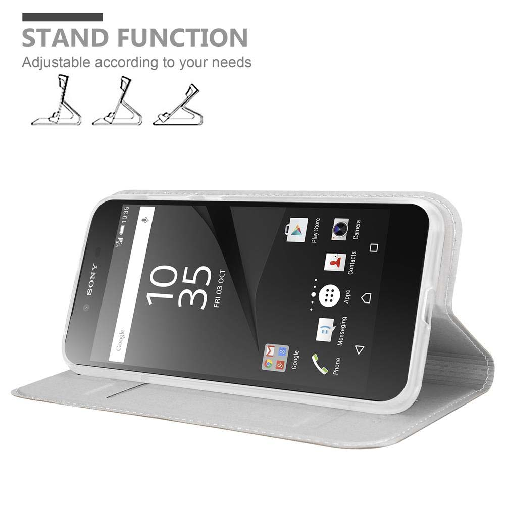 Ein Telefon befindet sich in einer Hülle, die geöffnet ist, um den Bildschirm zu zeigen. Ständerfunktion und Symbole sind sichtbar.