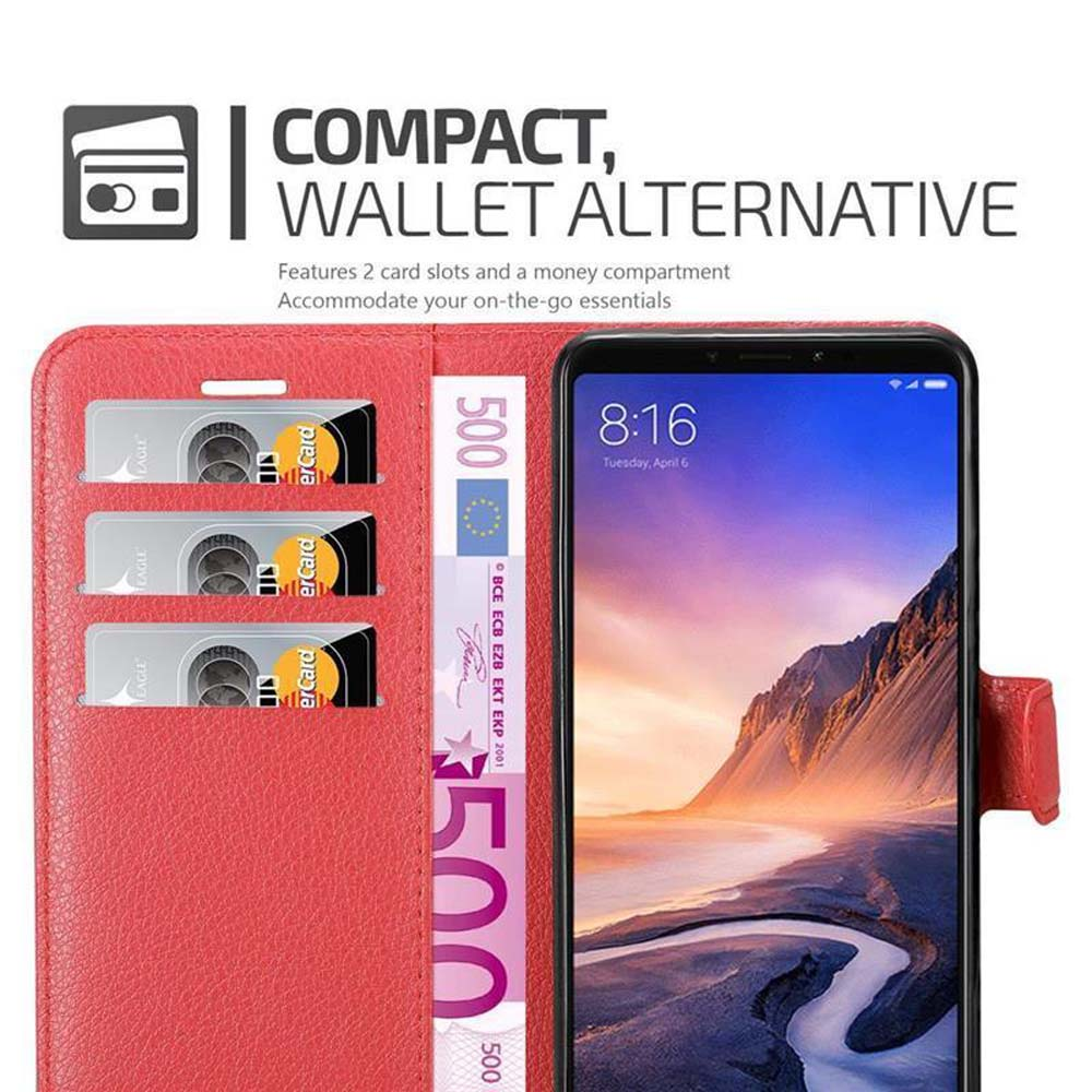Una custodia rossa per telefono con carte e denaro all'interno. È presente anche un telefono.