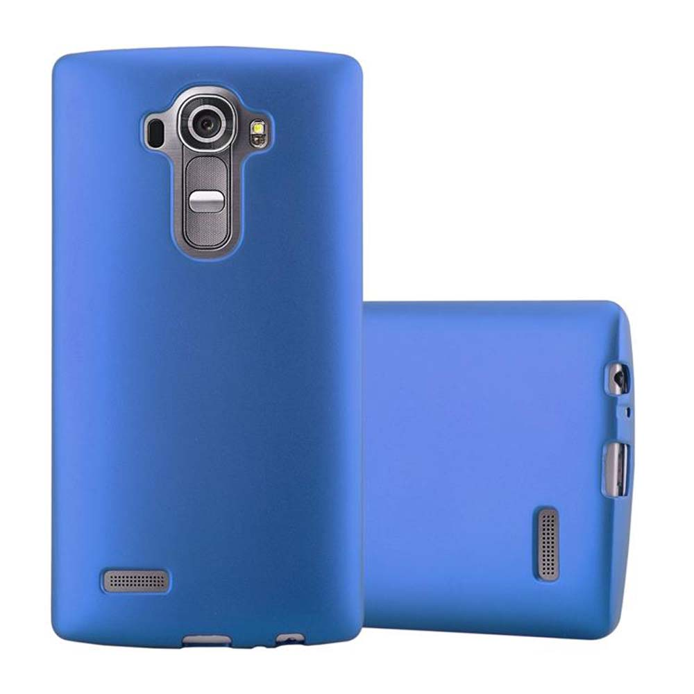 Funda de teléfono azul, con contorno de teléfono visible. Otra funda colocada en posición vertical.