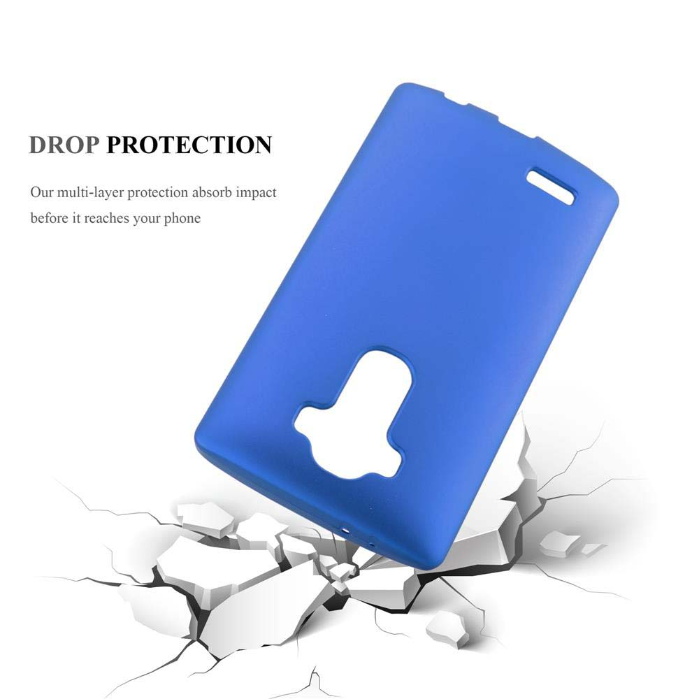 Funda azul para teléfono cayendo, rompiendo una superficie. El texto dice "DROP PROTECTION" y "Nuestra protección multicapa absorbe el impacto".
