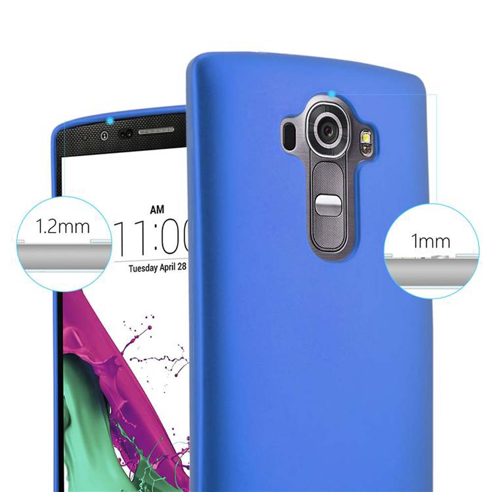 Teléfono azul con funda azul. La funda muestra medidas de borde: 1,2mm izquierda y 1mm derecha.