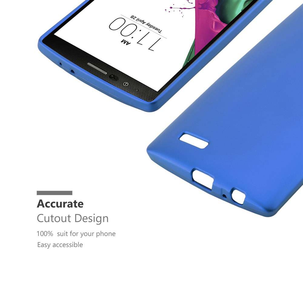 Funda azul para teléfono, diseño de corte preciso. Muestra el teléfono con la funda puesta.