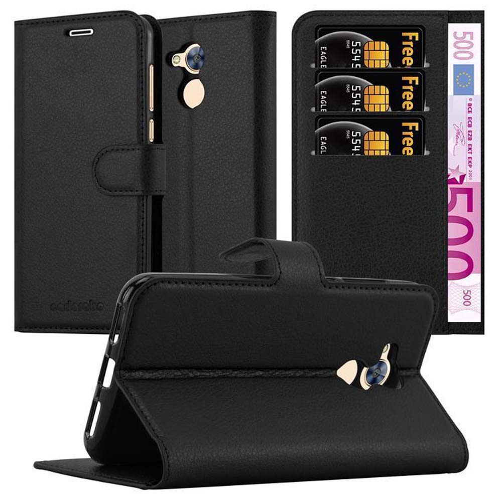 Custodia per telefono in pelle nera con un telefono all'interno. La custodia è parzialmente aperta. Carte visibili.