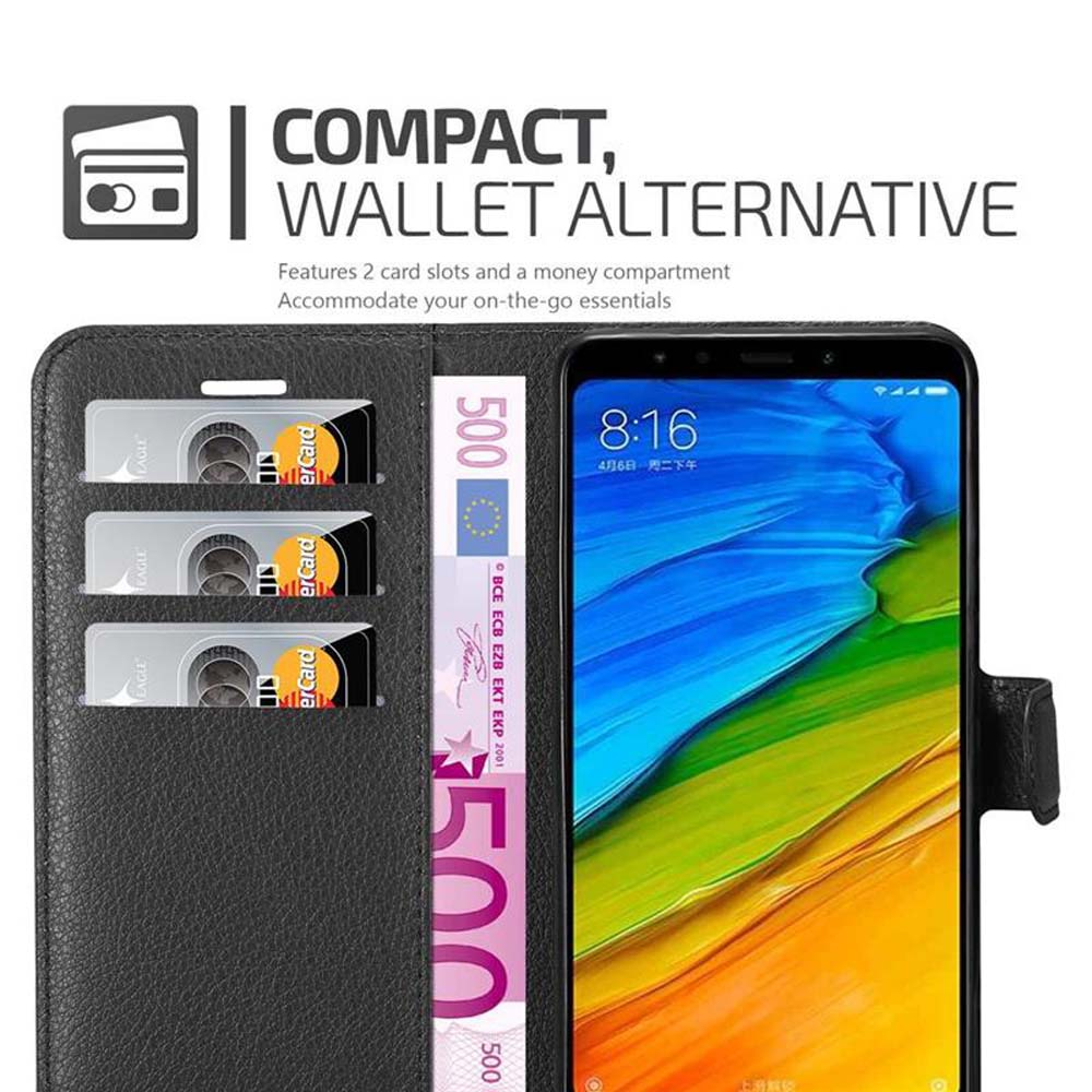 Schwarze Handyhülle mit Kartenfächern, Geld und Telefon. Text: Kompakt, Geldbörsenalternative. Telefon zeigt Zeit.
