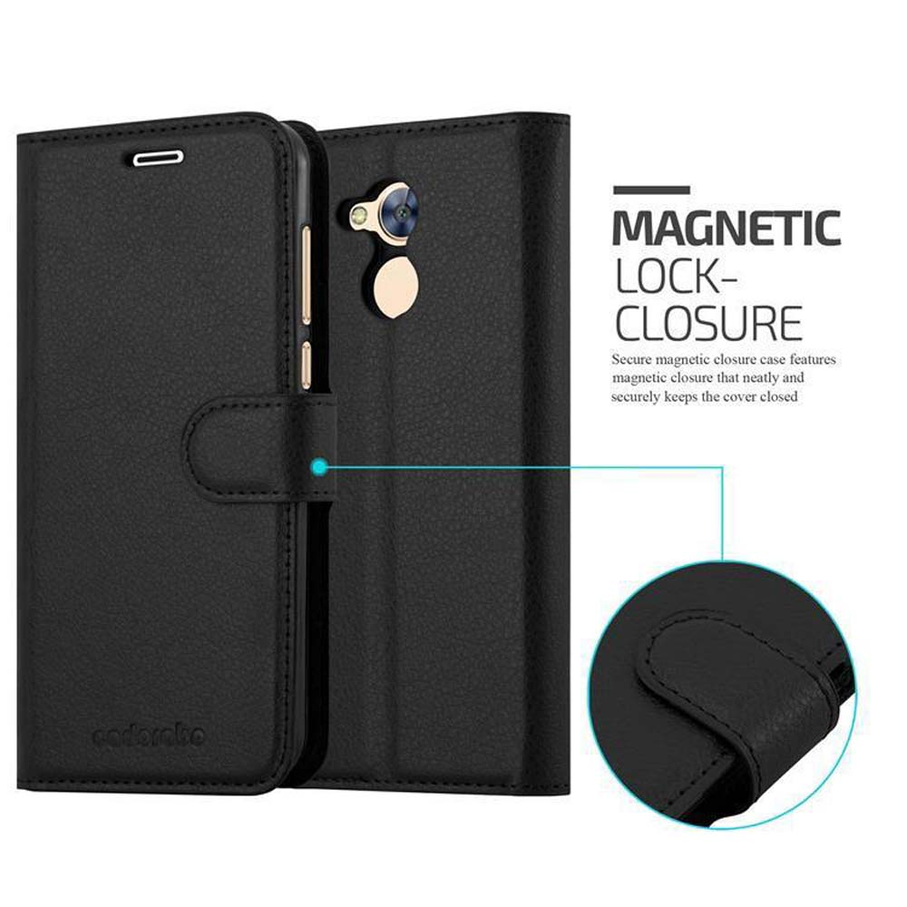 Custodia per telefono nera, chiusa e aperta, con chiusura magnetica. Il testo è presente.