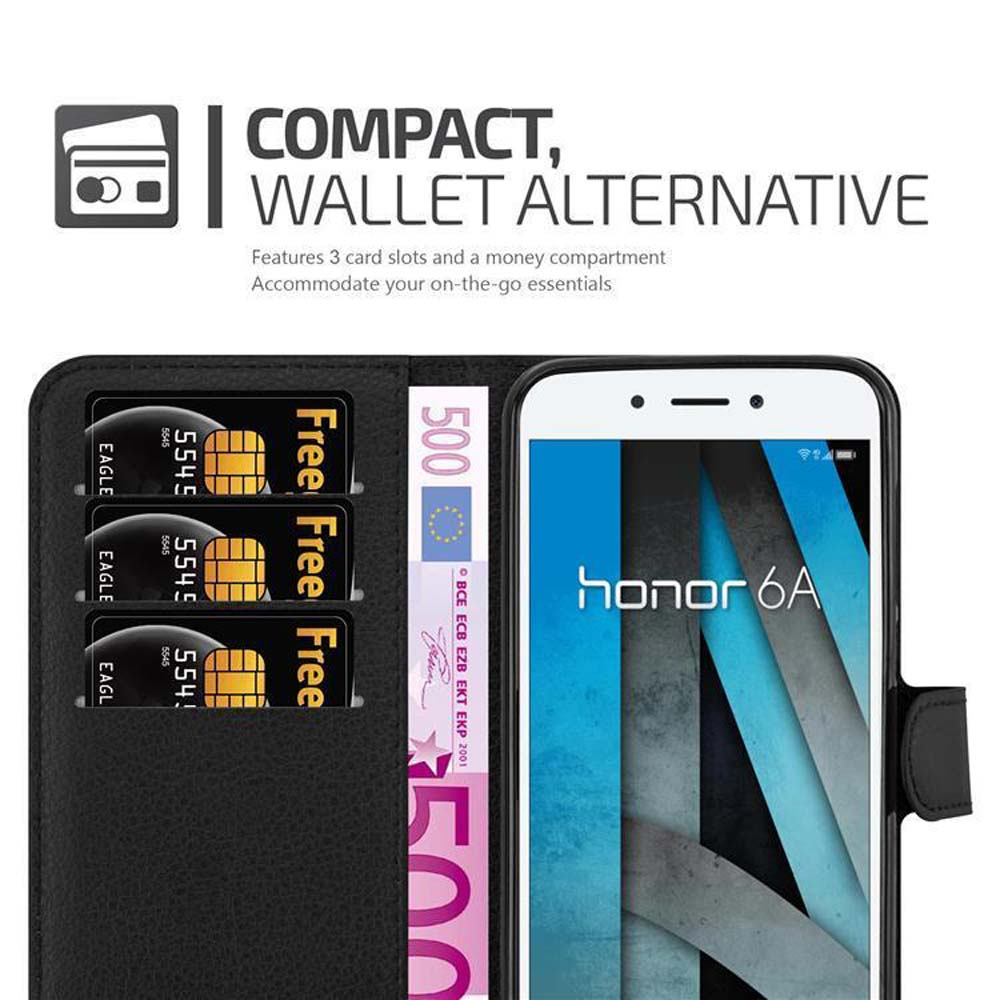 Un telefono in una custodia a portafoglio con carte e denaro. Il testo dice 'Compact, Wallet Alternative'.