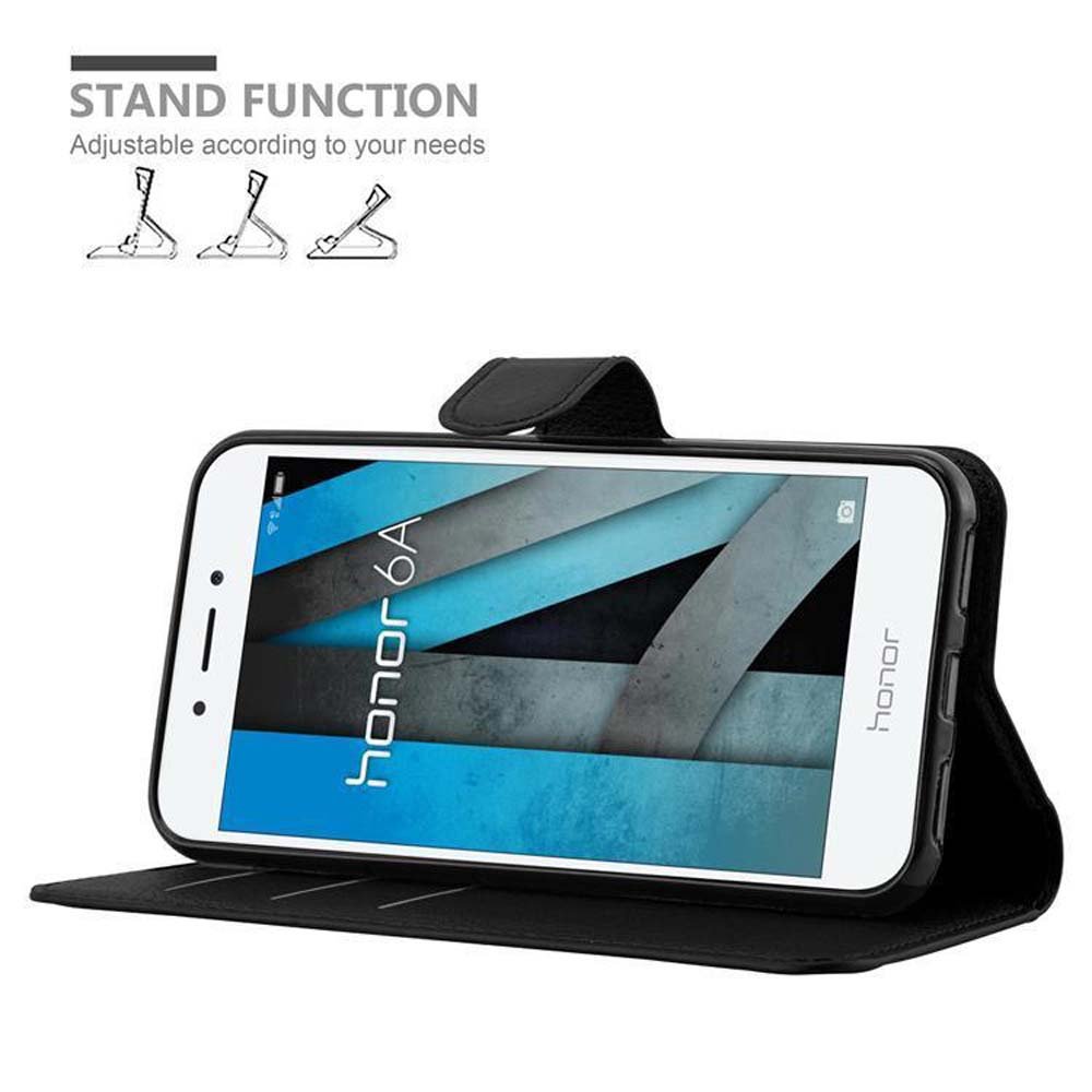 Custodia per telefono nera con telefono all'interno; icone della funzione stand. Il telefono mostra un motivo blu e bianco.