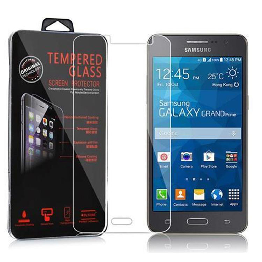 Teléfono Samsung con protector de pantalla. Protector en caja negra. Teléfono visible.