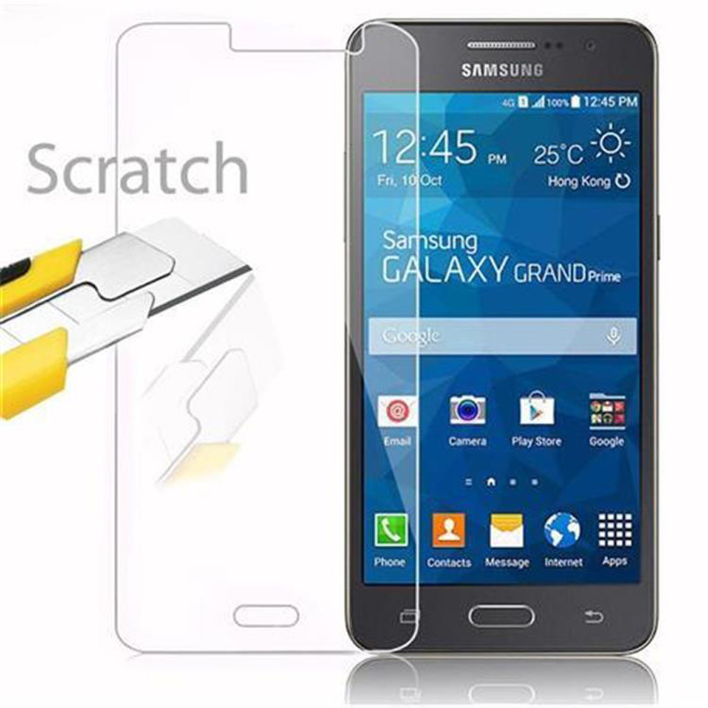 Un teléfono con protector de pantalla aplicado. Es un Samsung Galaxy Grand Prime.