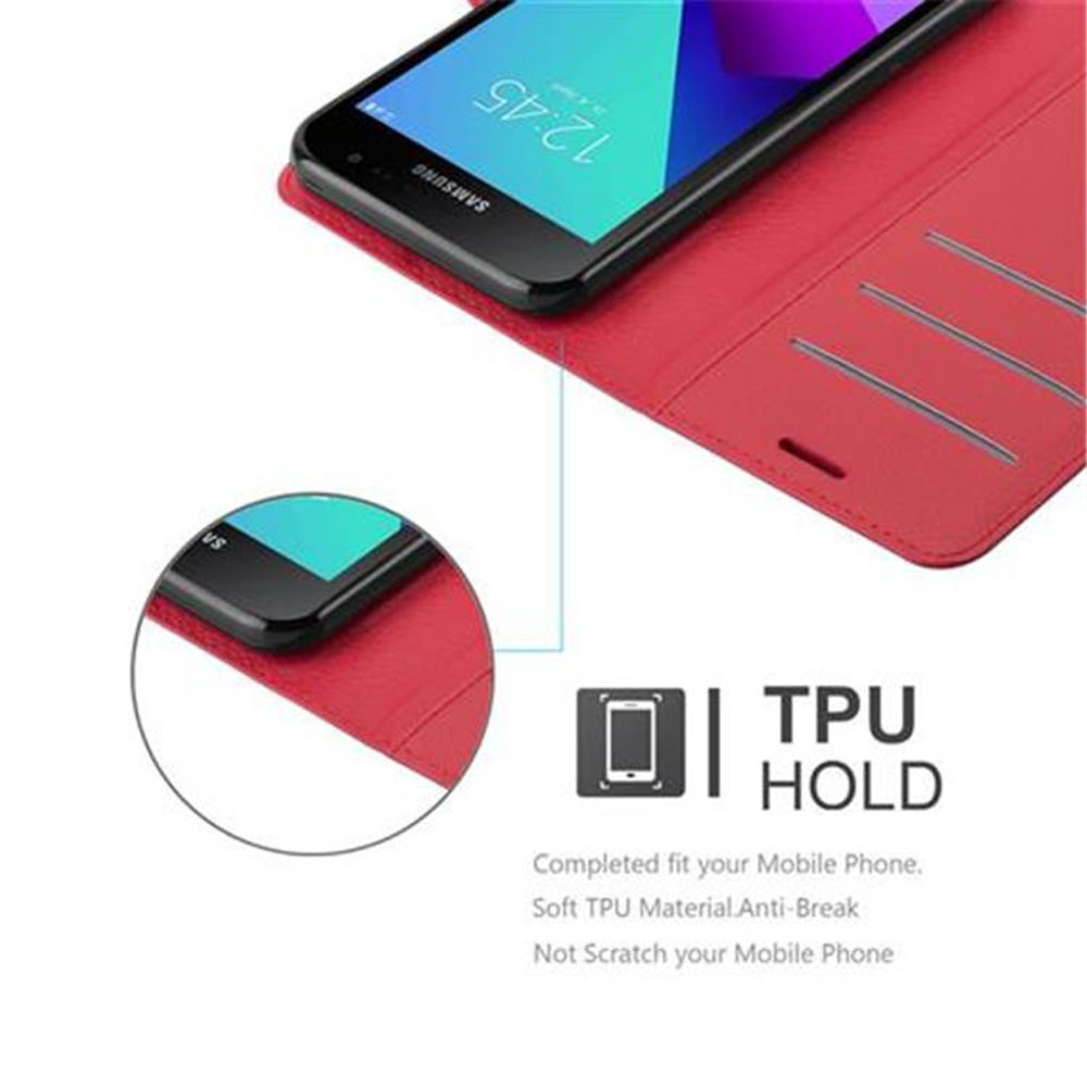 Una custodia rossa per telefono con un telefono. Lo schermo del telefono è visibile. Lo sfondo è bianco.