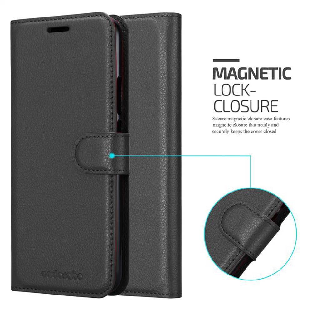 Eine schwarze Handyhülle, geschlossen und zeigt ein magnetisches Schlossdesign.