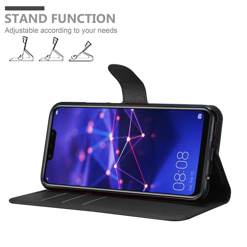 Schwarze Handyhülle mit Telefon. Telefon zeigt Zeit. Text 'Stand Function'.