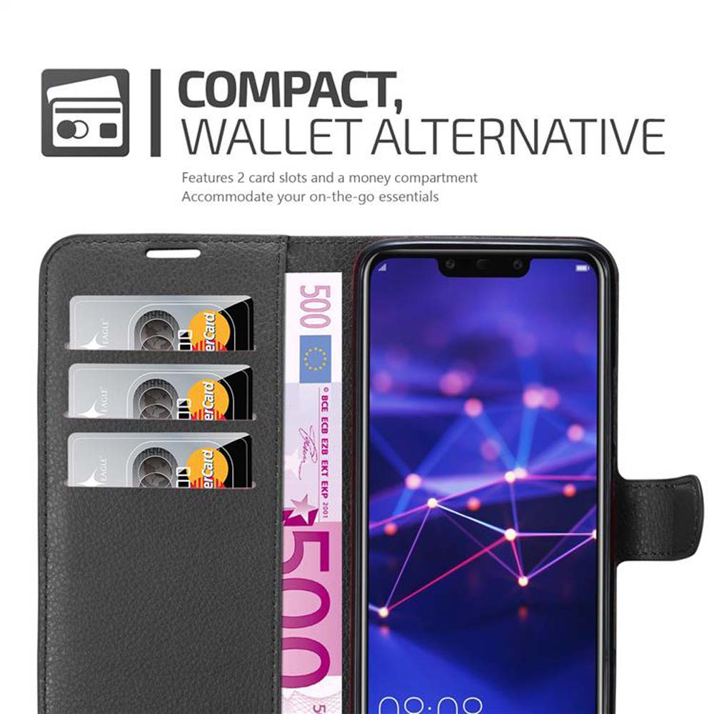 Schwarze Telefonhülle mit Kartenfächern, die Karten und Geld halten. Text: KOMPAKTE GELDBÖRSE ALTERNATIVE.