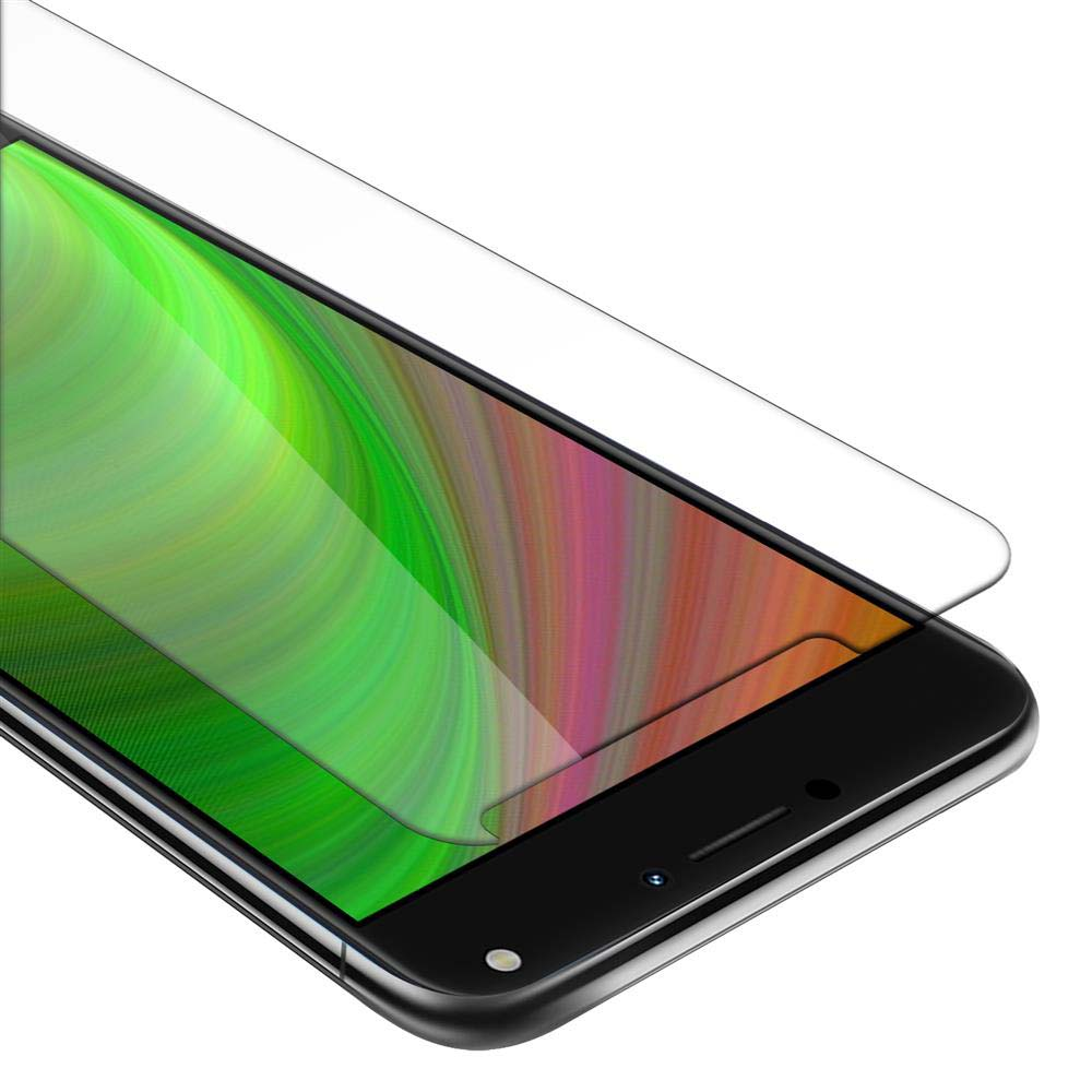 Primo piano dello schermo di un telefono con protezione applicata. Mostra colori verdi e gialli.