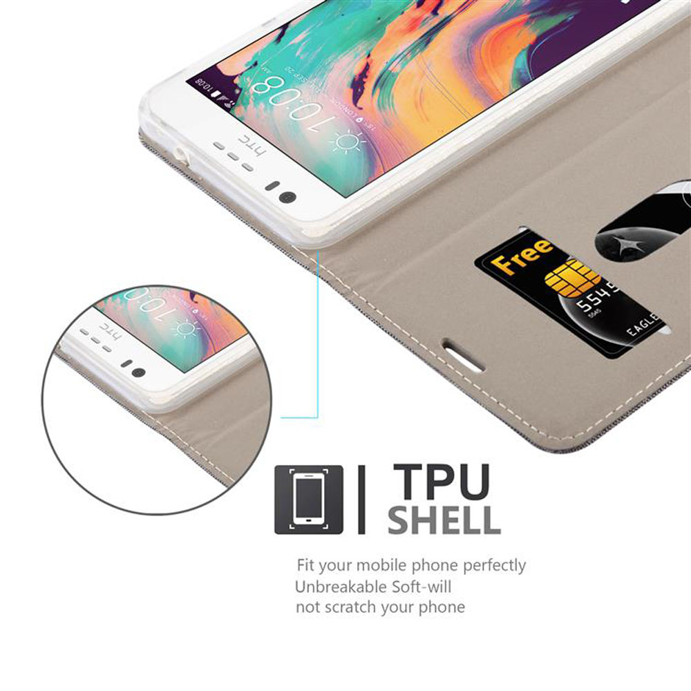 Telefono in una custodia a portafoglio, con fessura per carte. Lo schermo del telefono è acceso e visibile, carta dentro.