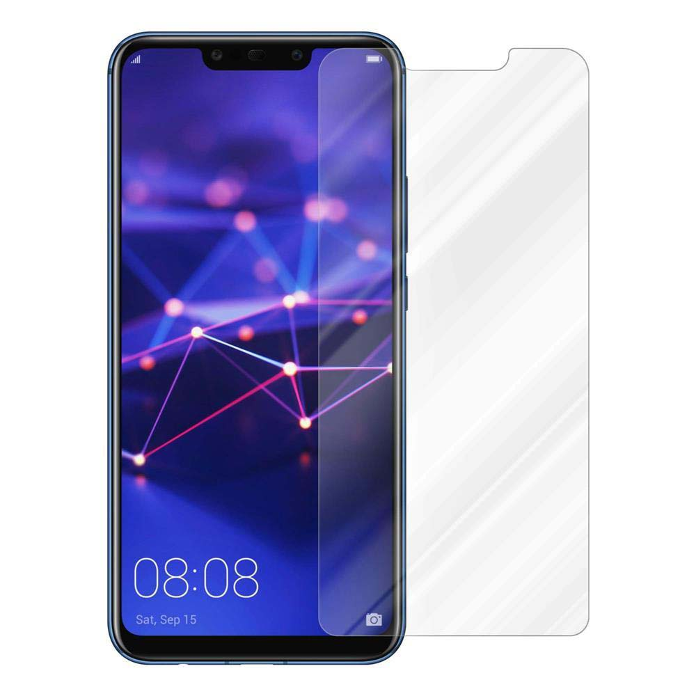 Telefono con protezione schermo. Lo schermo blu del telefono mostra l'ora. La protezione è a destra.