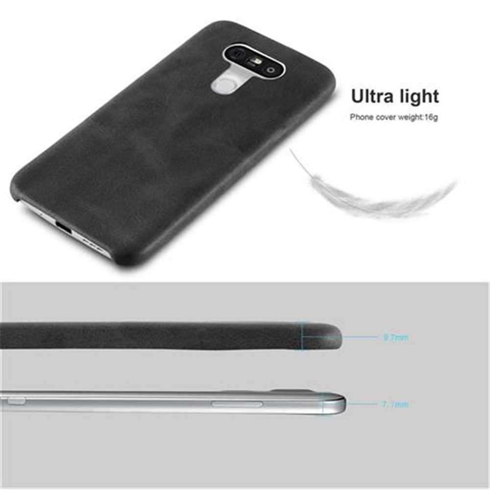 Viene mostrata una cover per telefono nera. La cover è su sfondo bianco. Il testo dice "Ultra leggero" e mostra il peso.