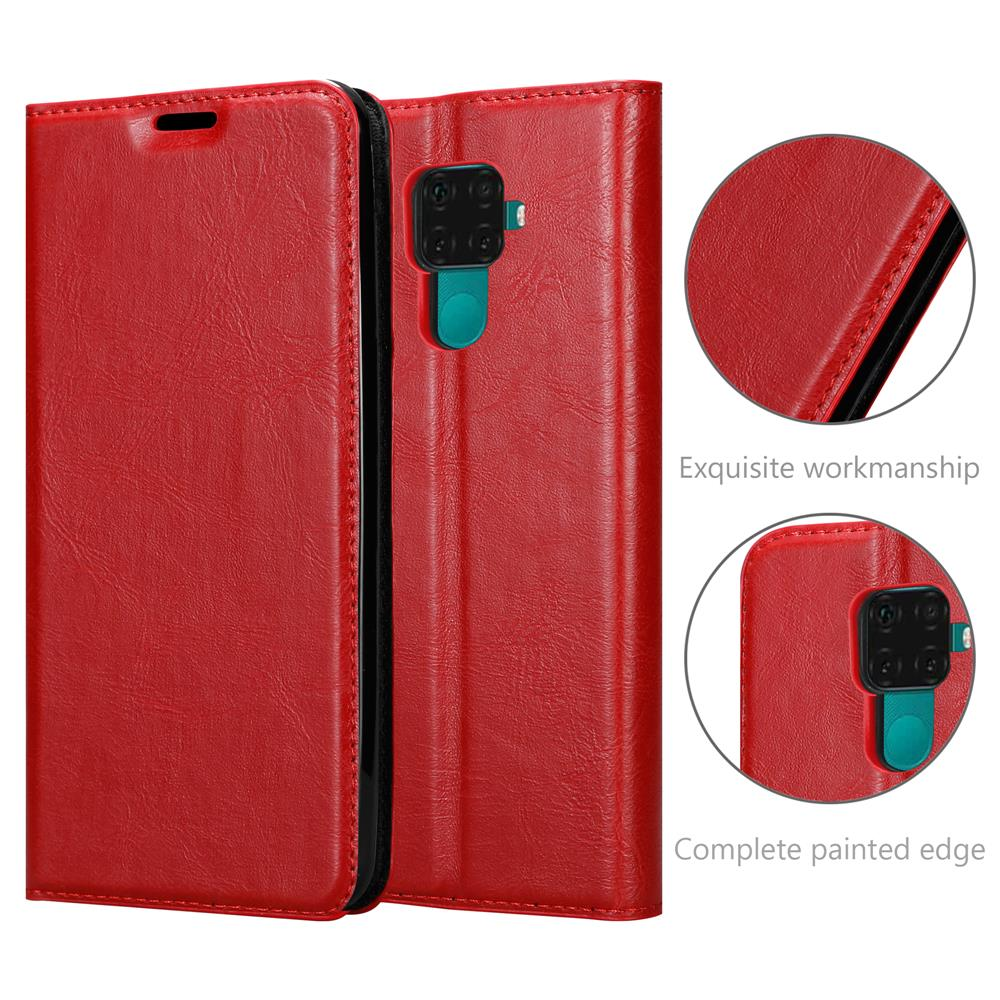 Rote Handyhülle, offen und geschlossen. Nahaufnahme der Hülle. Text: Exquisite Verarbeitung und vollständig lackierter Rand.
