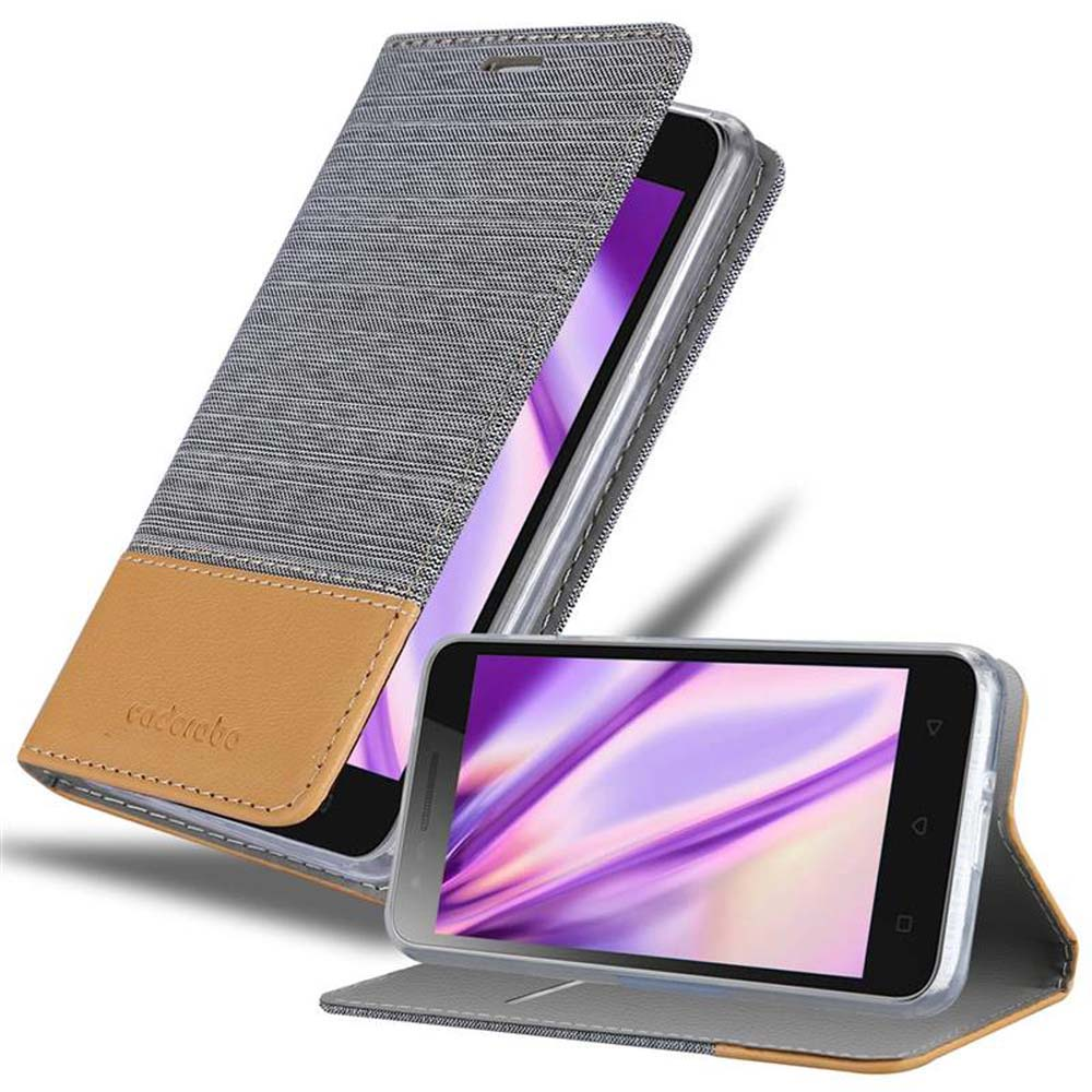 Offene Handyhülle mit grauem Stoff und braunem Leder. Ein Telefon ist innen, und ein anderes wird angezeigt.