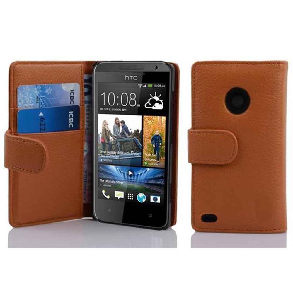 Funda de teléfono marrón con teléfono dentro. El otro lado muestra el teléfono. Tarjetas y dinero en la funda.