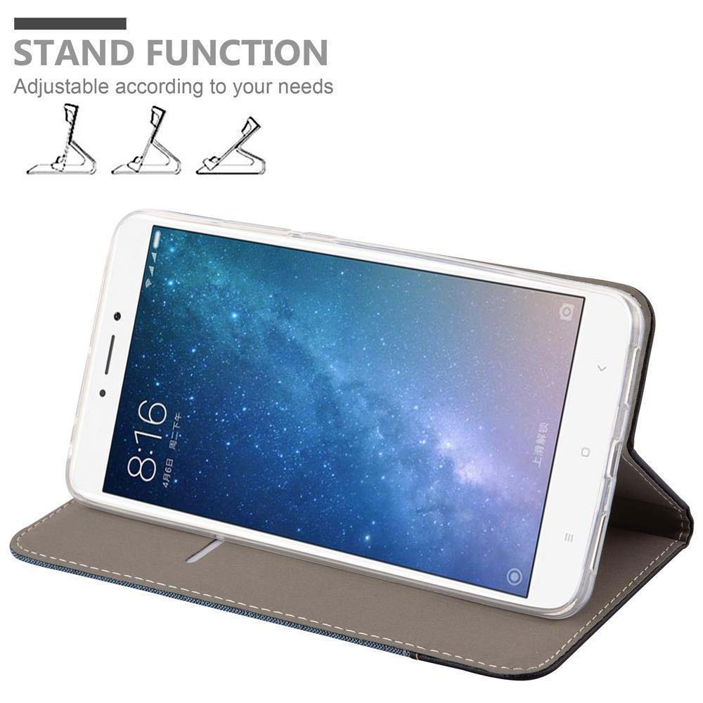 Un telefono in una custodia che si apre come un libro. Il telefono è su un supporto. Il testo dice funzione stand.