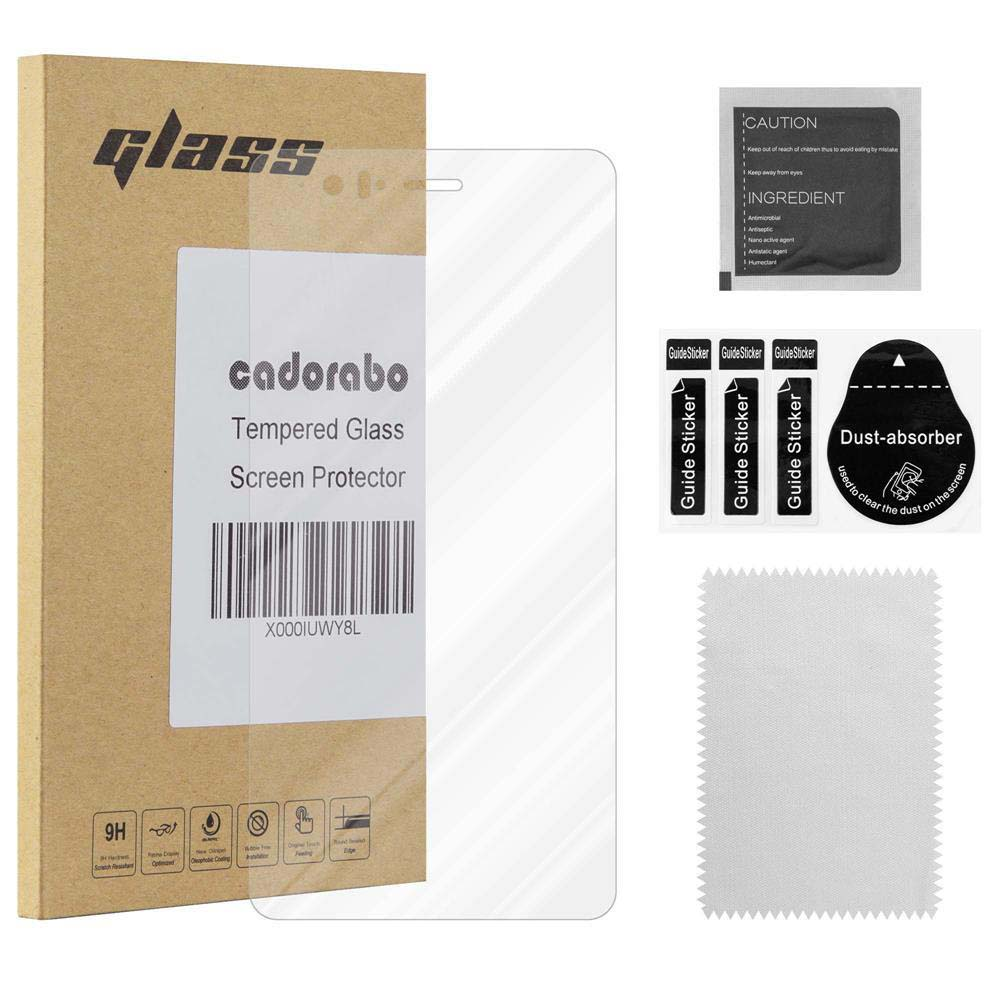 Embalaje de protector de pantalla de vidrio templado, con accesorios como pegatinas guía y un paño de limpieza.