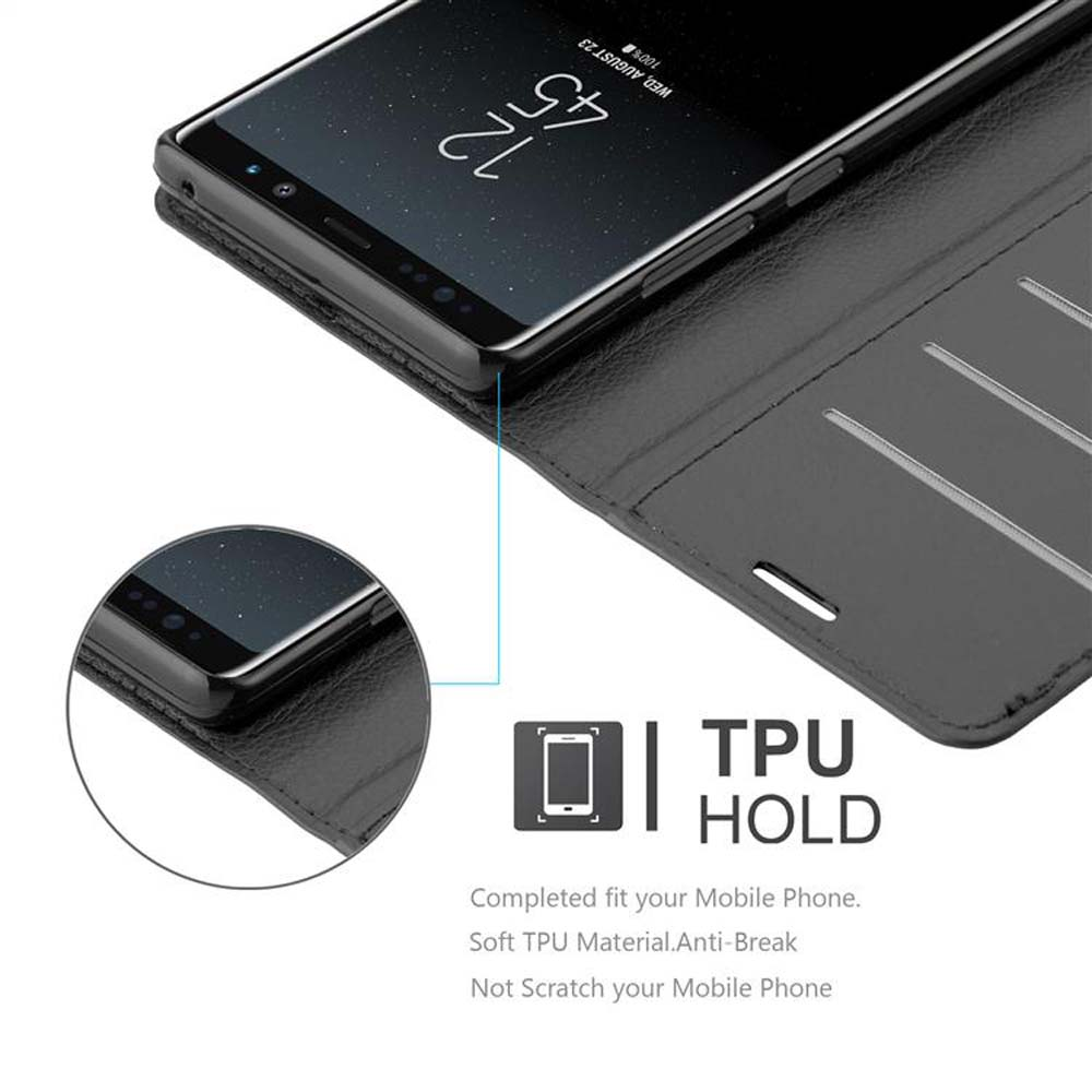 Schwarze Handyhülle mit Telefon, Informationen zum TPU-Halter.