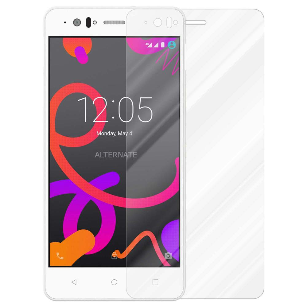 Un teléfono blanco con protector de pantalla. La pantalla muestra un diseño abstracto colorido y la hora 12:05.