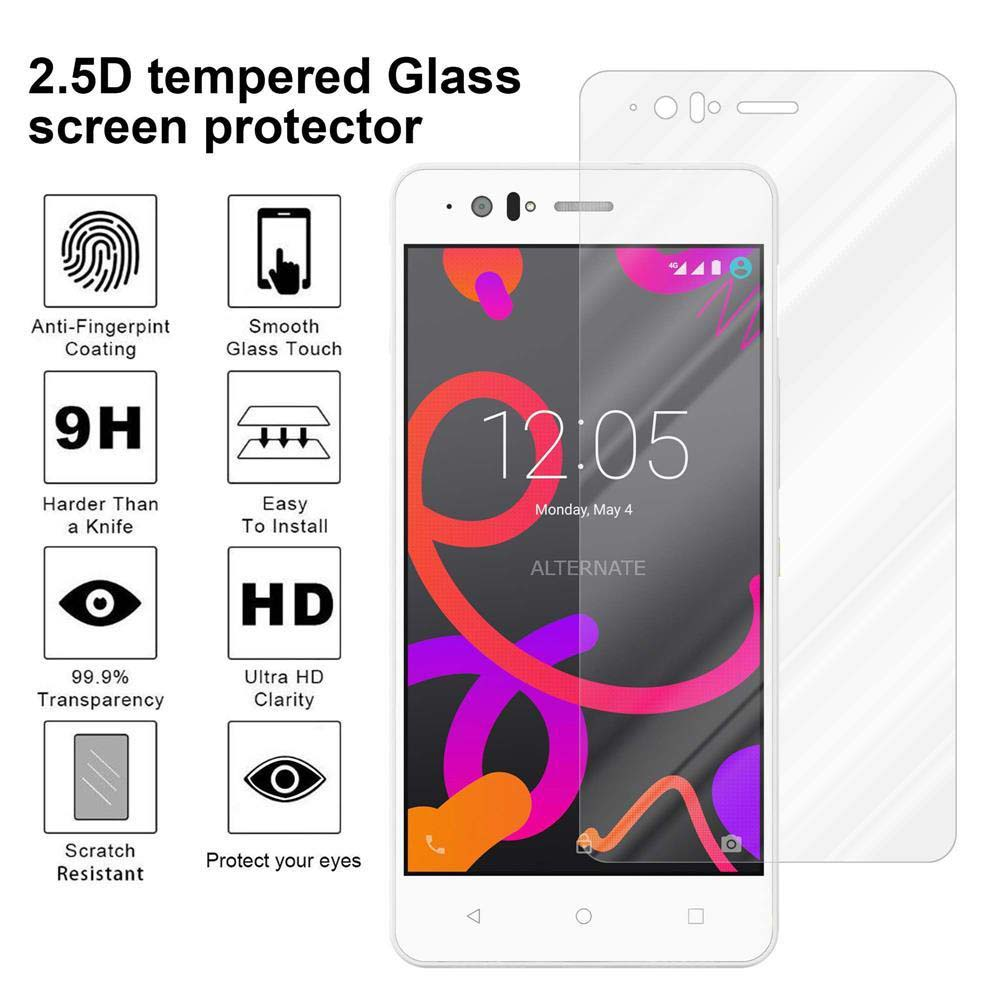 Un teléfono blanco con un protector de pantalla al lado. La pantalla muestra la hora e iconos. Iconos protectores lo rodean.