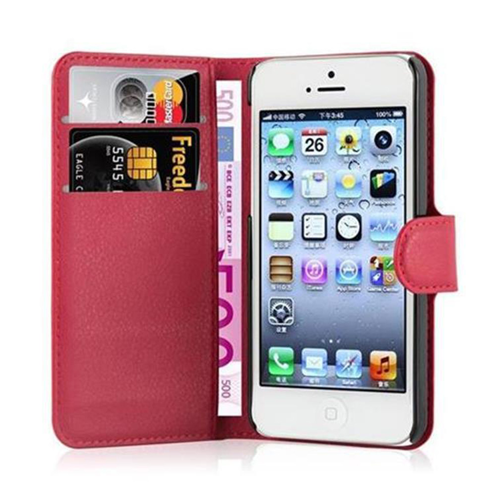 Custodia rossa per telefono aperta, che tiene un iPhone bianco. Include carte e contanti.