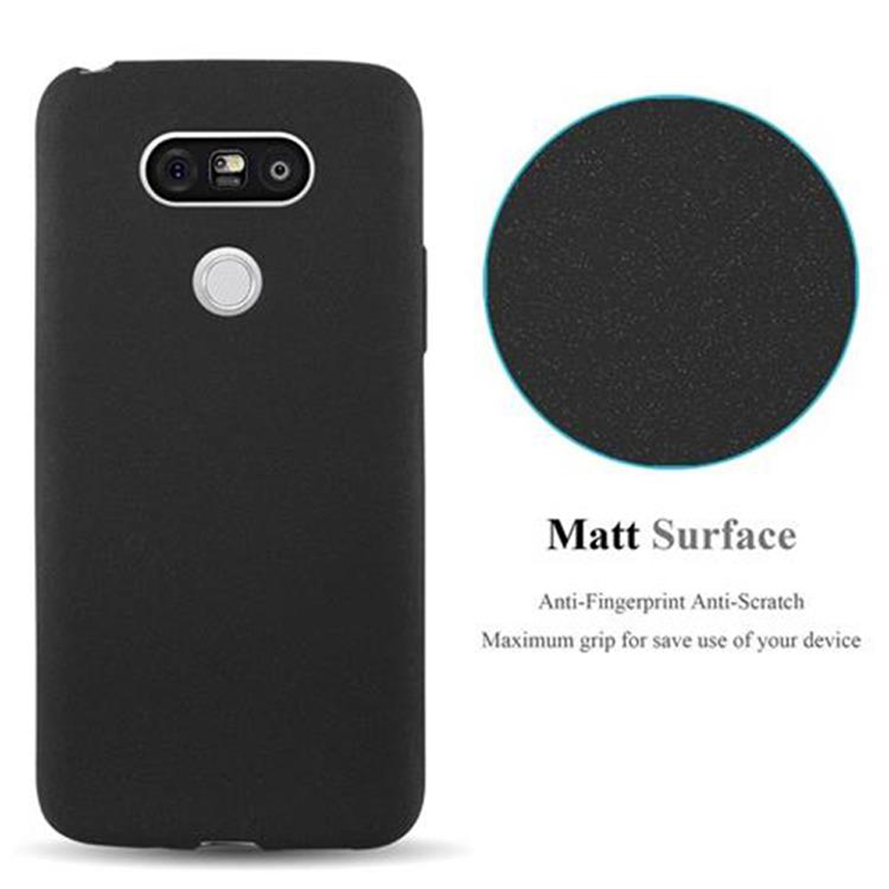 Custodia nera per telefono. Testo: Superficie opaca, anti-impronte digitali antigraffio. Massima presa per un utilizzo sicuro.