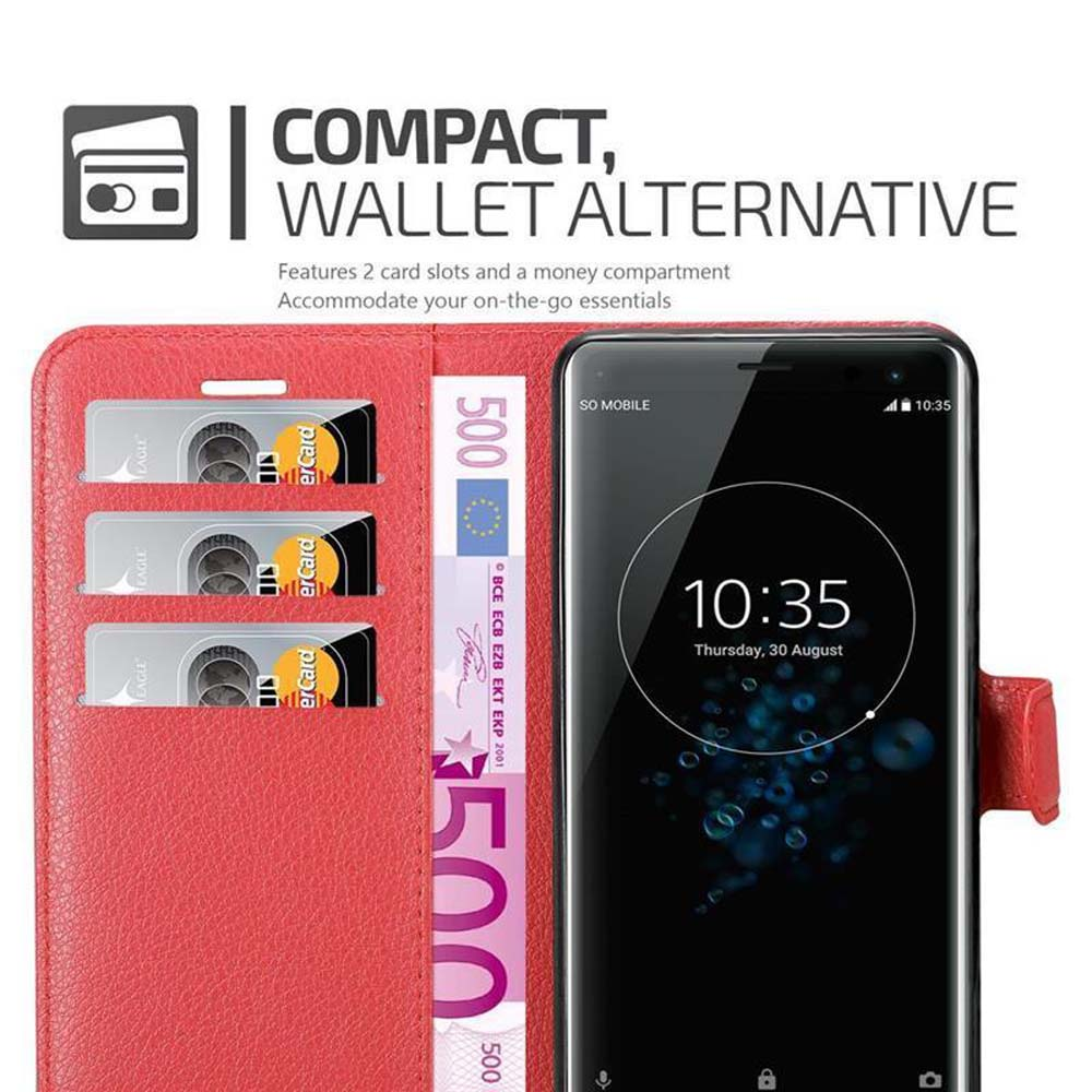 Custodia rossa a portafoglio con telefono, carte e denaro. Con fessure e scomparto.
