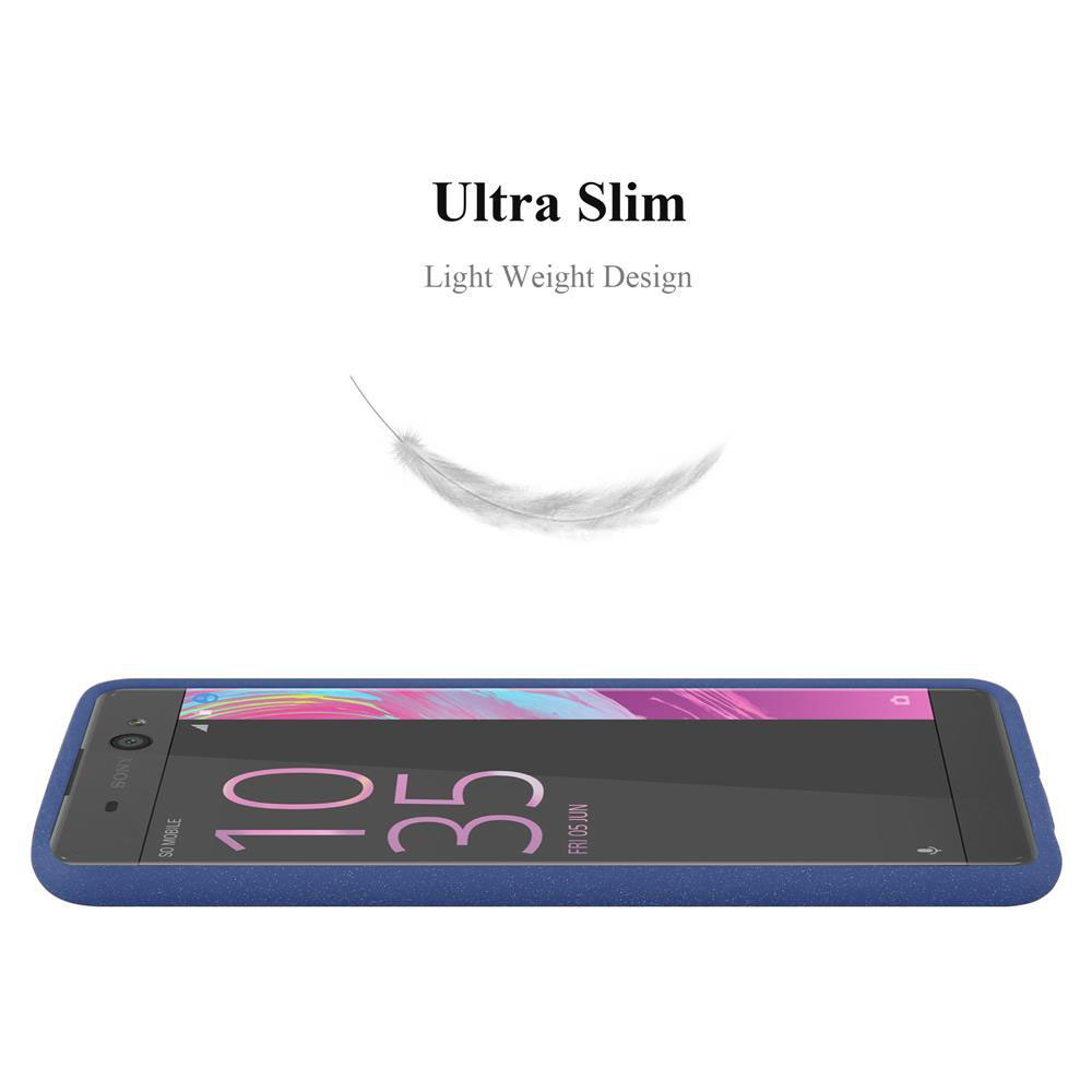 Custodia blu. Telefono con orario e piuma. Testo: Ultra sottile.