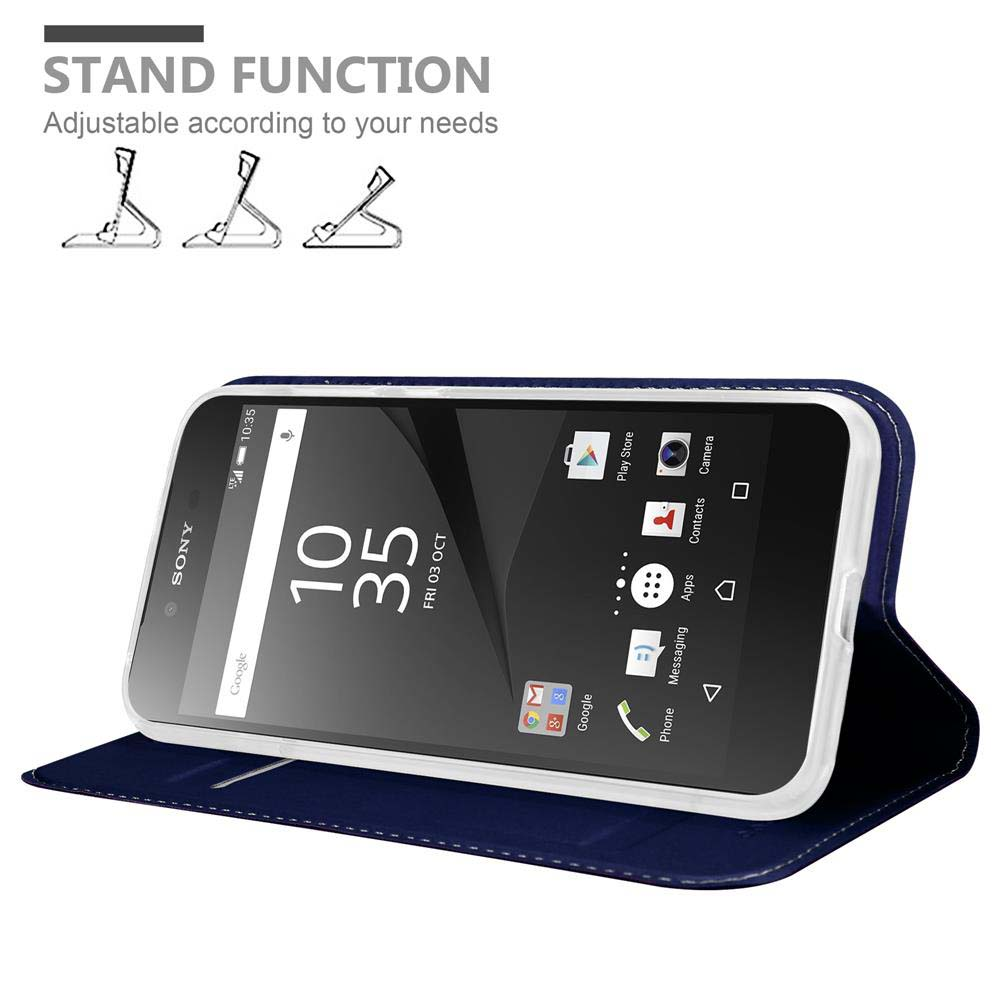 Telefono in una custodia blu navy, aperto con funzione supporto, che mostra l'interfaccia del telefono.