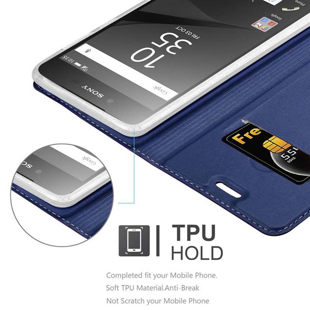 Custodia blu aperta con telefono. Testo: Supporto TPU, vestibilità perfetta, materiale TPU morbido.