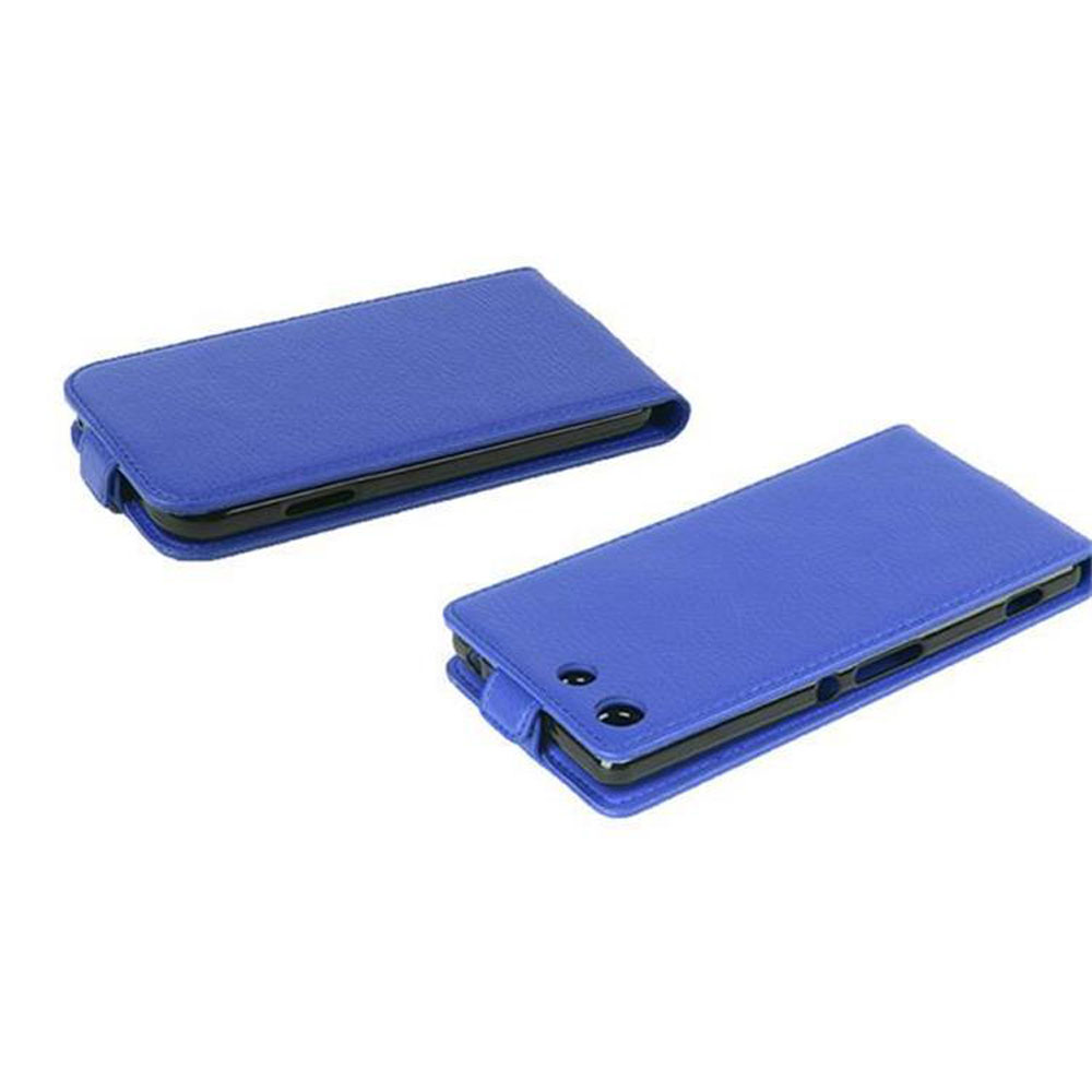 Due custodie blu per telefono, aperte e chiuse. Mostrano il design e la funzione della custodia.
