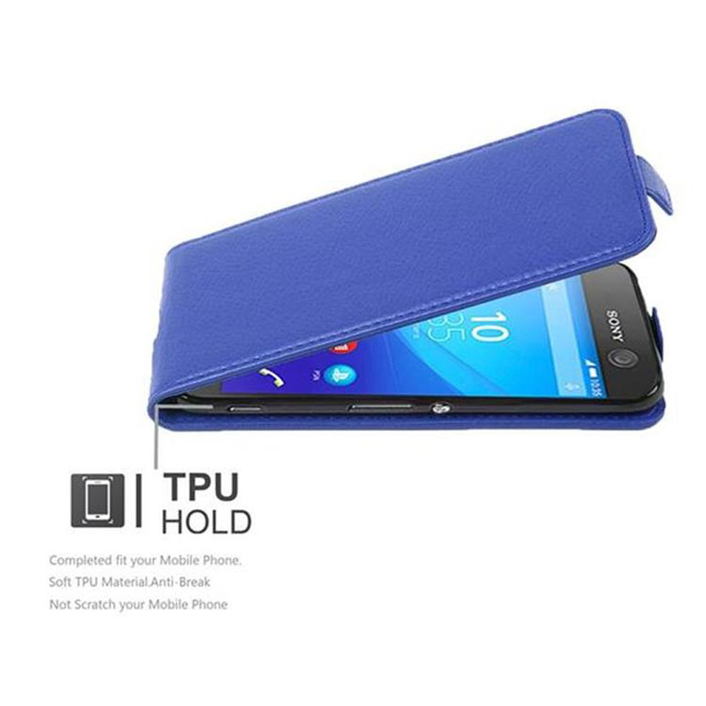 Custodia blu aperta. Telefono all'interno. Testo: Supporto TPU. Adattamento completo per il tuo telefono.