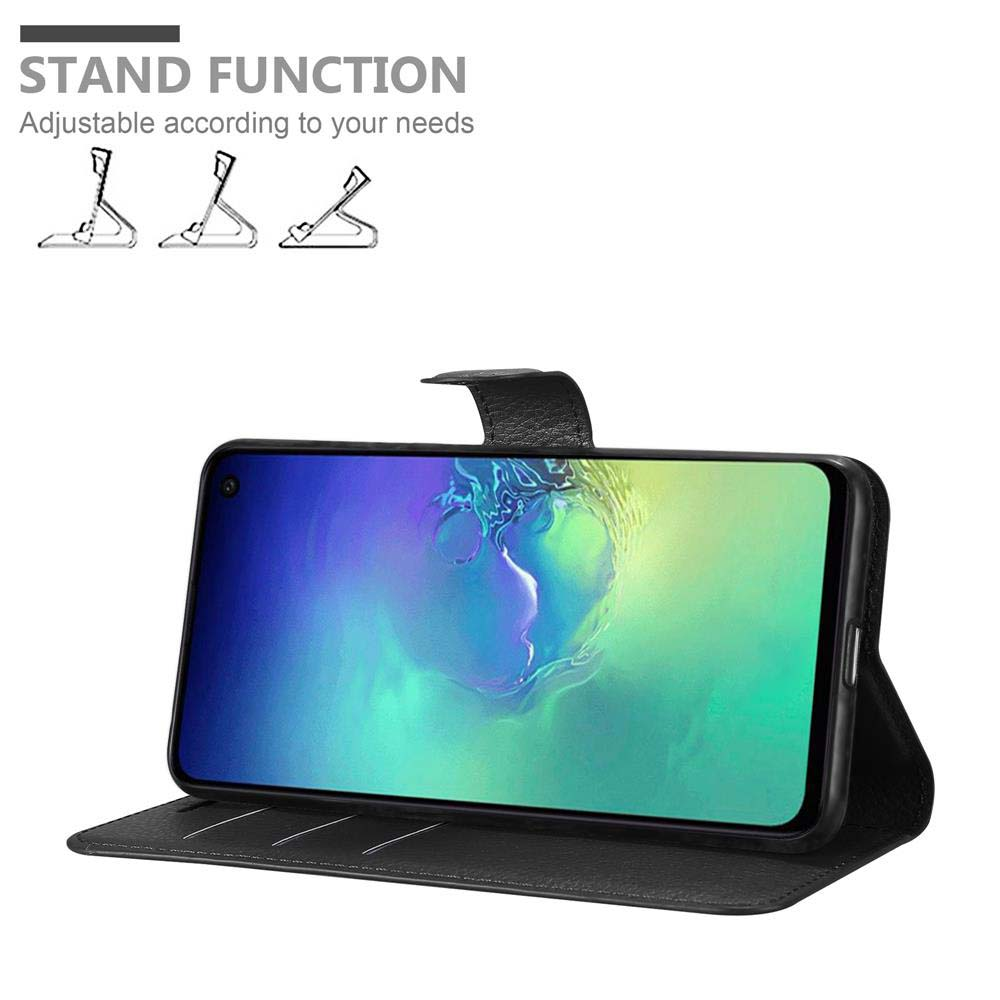 Custodia nera per telefono con telefono, aperta per mostrare lo schermo e la funzione stand.