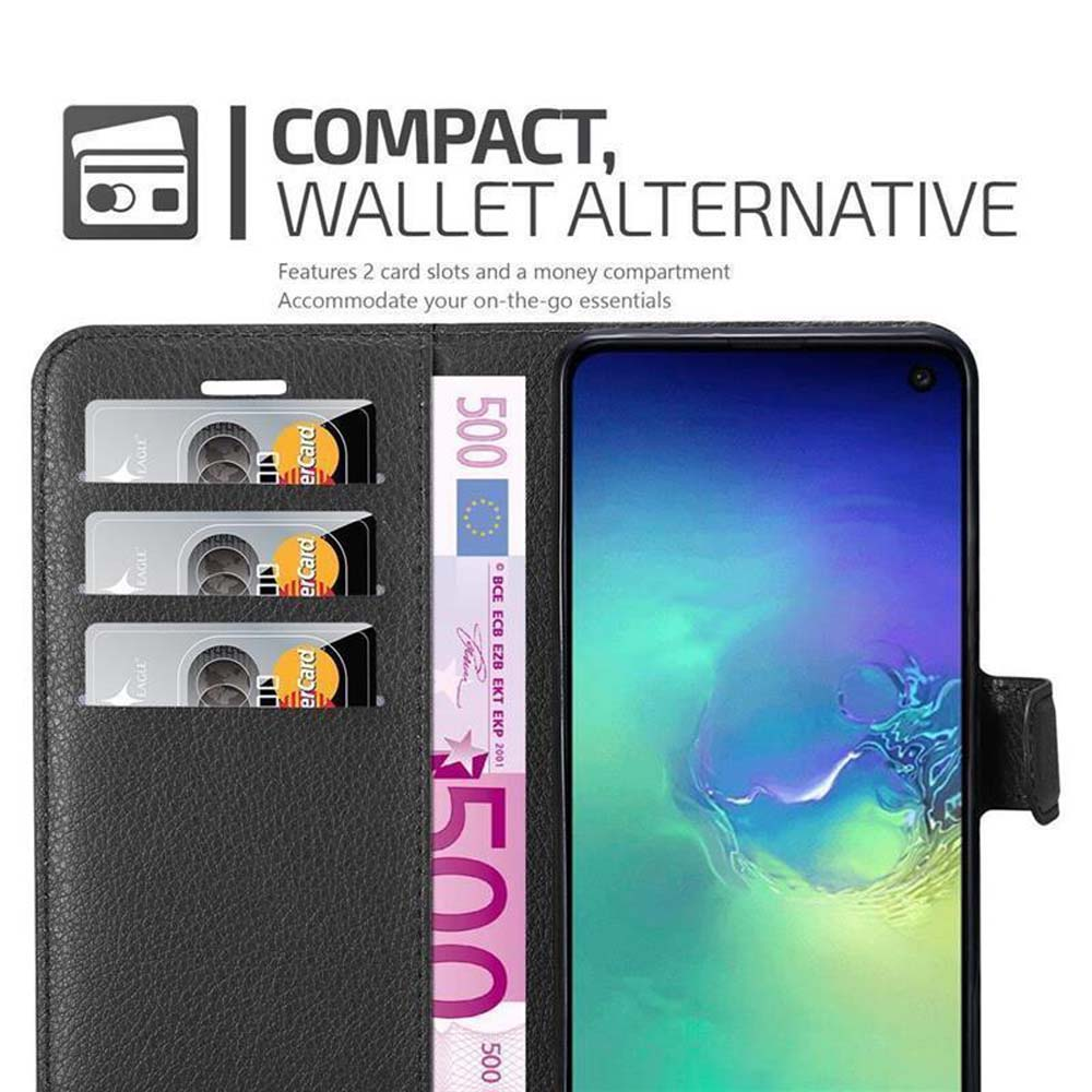 Custodia a portafoglio nera per telefono con tre fessure per carte di credito e una banconota in euro, telefono all'interno. Testo: Alternativa al portafoglio.