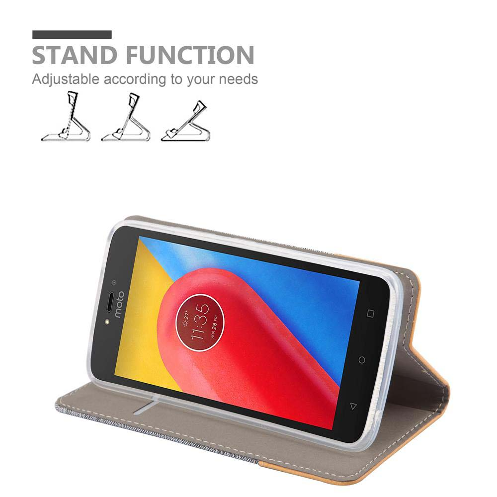 Telefono in una custodia, aperto, con funzione stand. Testo: Funzione stand regolabile. Il telefono mostra ora e data.