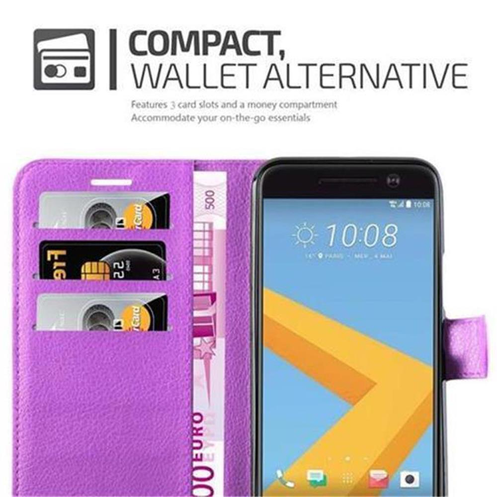 Telefono in custodia a portafoglio viola con carte e banconota euro, testo 'Wallet Alternative'.