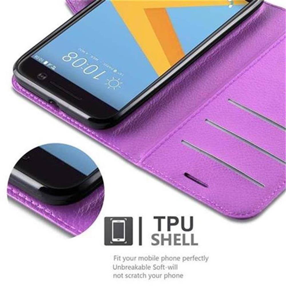 Uno smartphone nero in una custodia in pelle viola, aperto per rivelare il telefono.