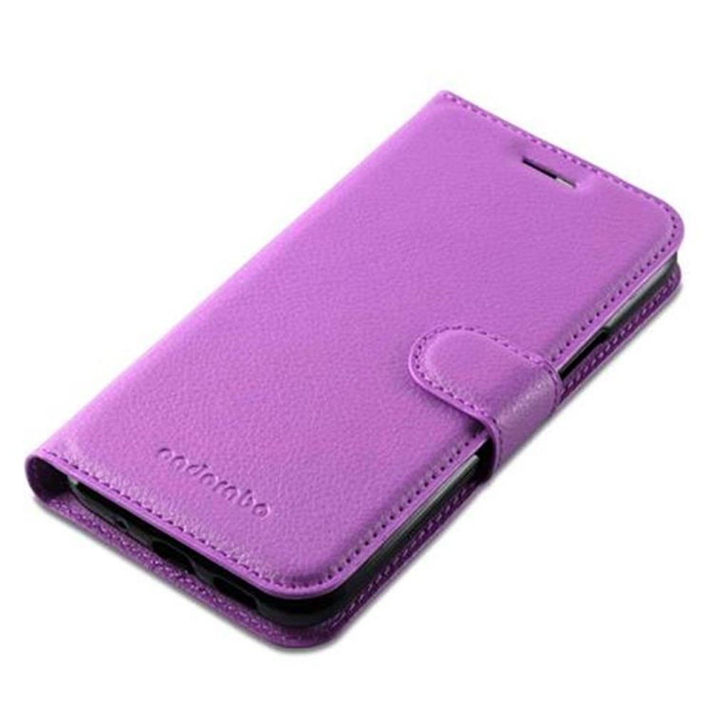 Custodia per telefono viola con chiusura magnetica. La custodia è chiusa. C'è un marchio sulla custodia.
