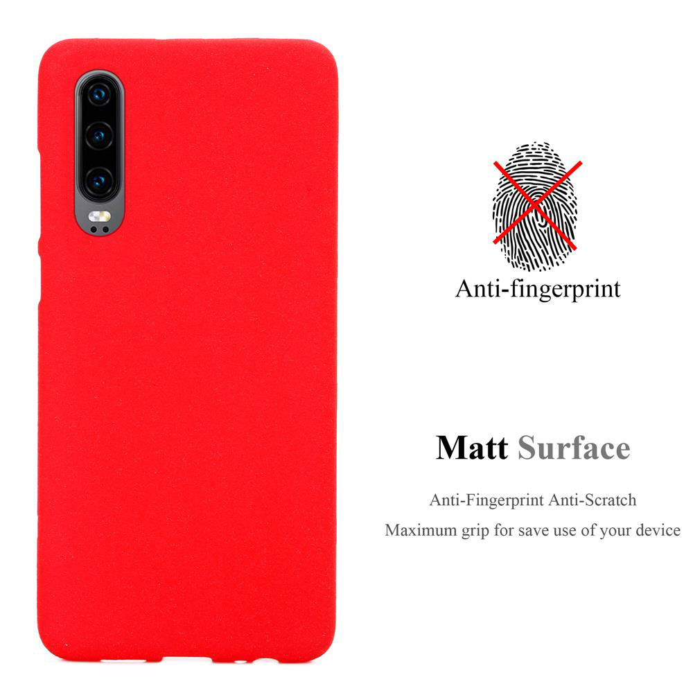 Custodia rossa per telefono. Testo: Anti-impronte e antigraffio. Immagine impronta.